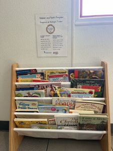 Children's books on bookshelf supplied by the Woman's Club of Vista